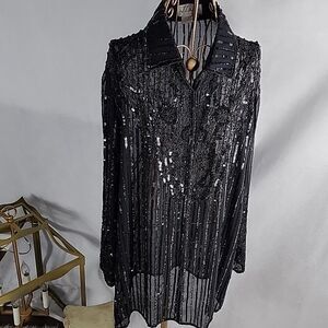 Long Black Beaded & Sequined Sheer Sparkly Holiday Snap Button Jacket Size1X